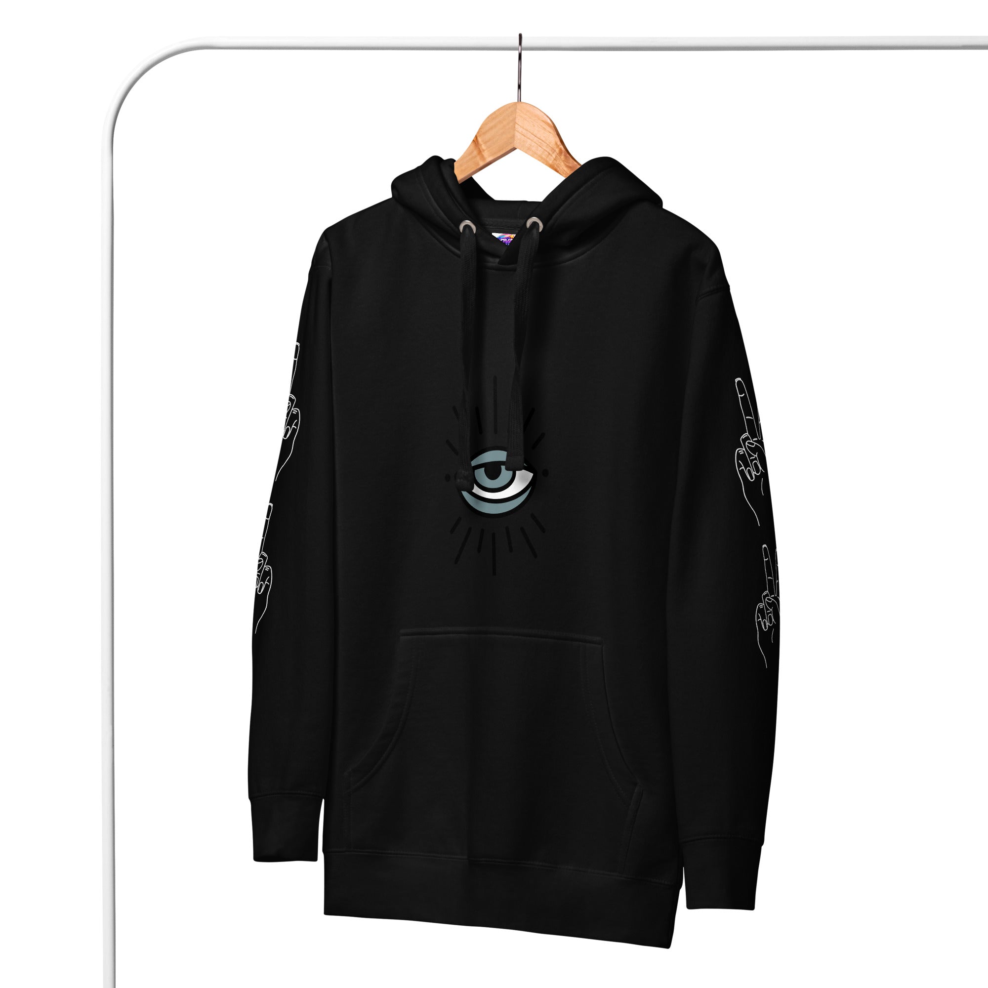 Black hoodie with eye design on a hanger against a white background