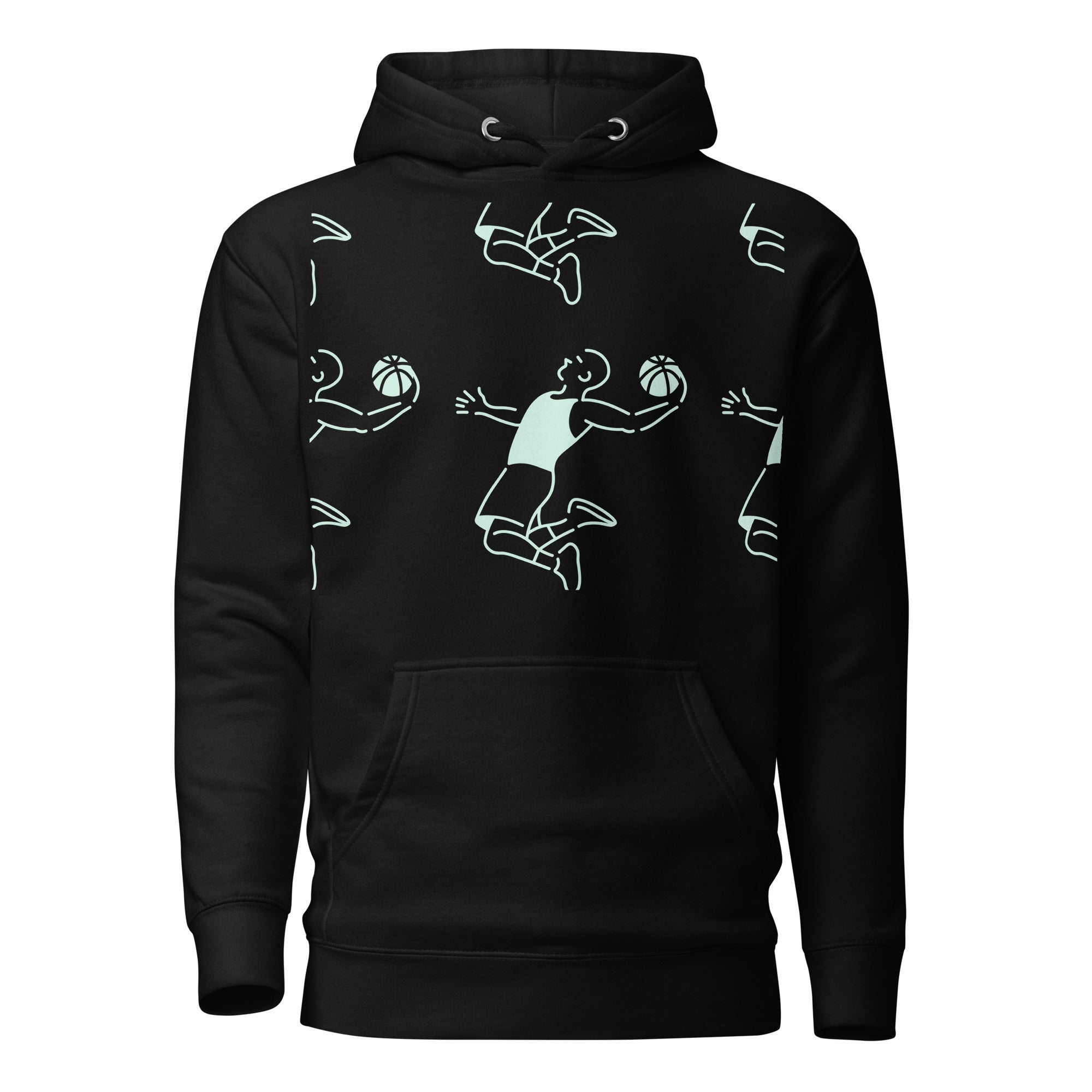 Black hoodie with white line art of a basketball player and ball on a white background