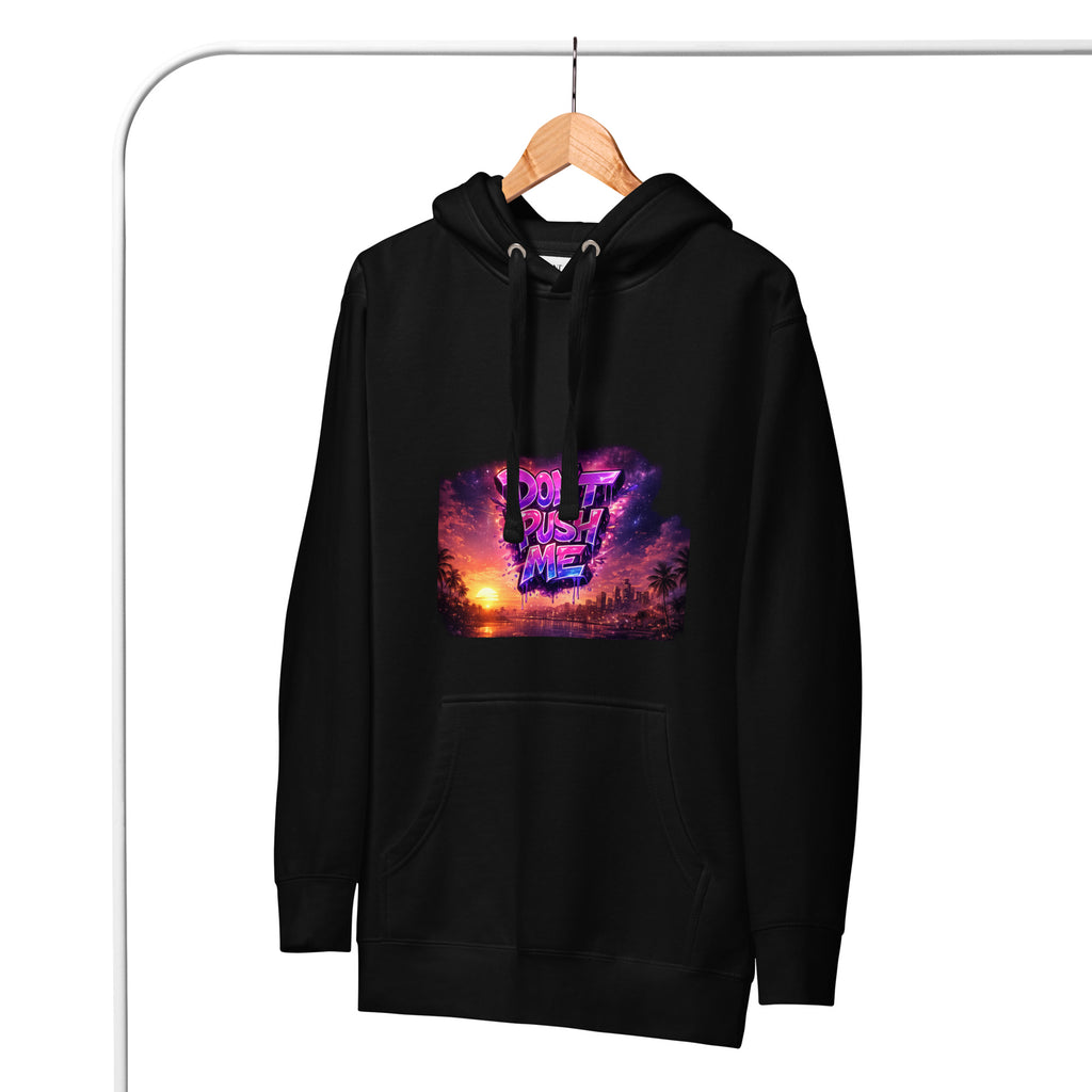 Black hoodie with a colorful graphic design on a hanger against a white background