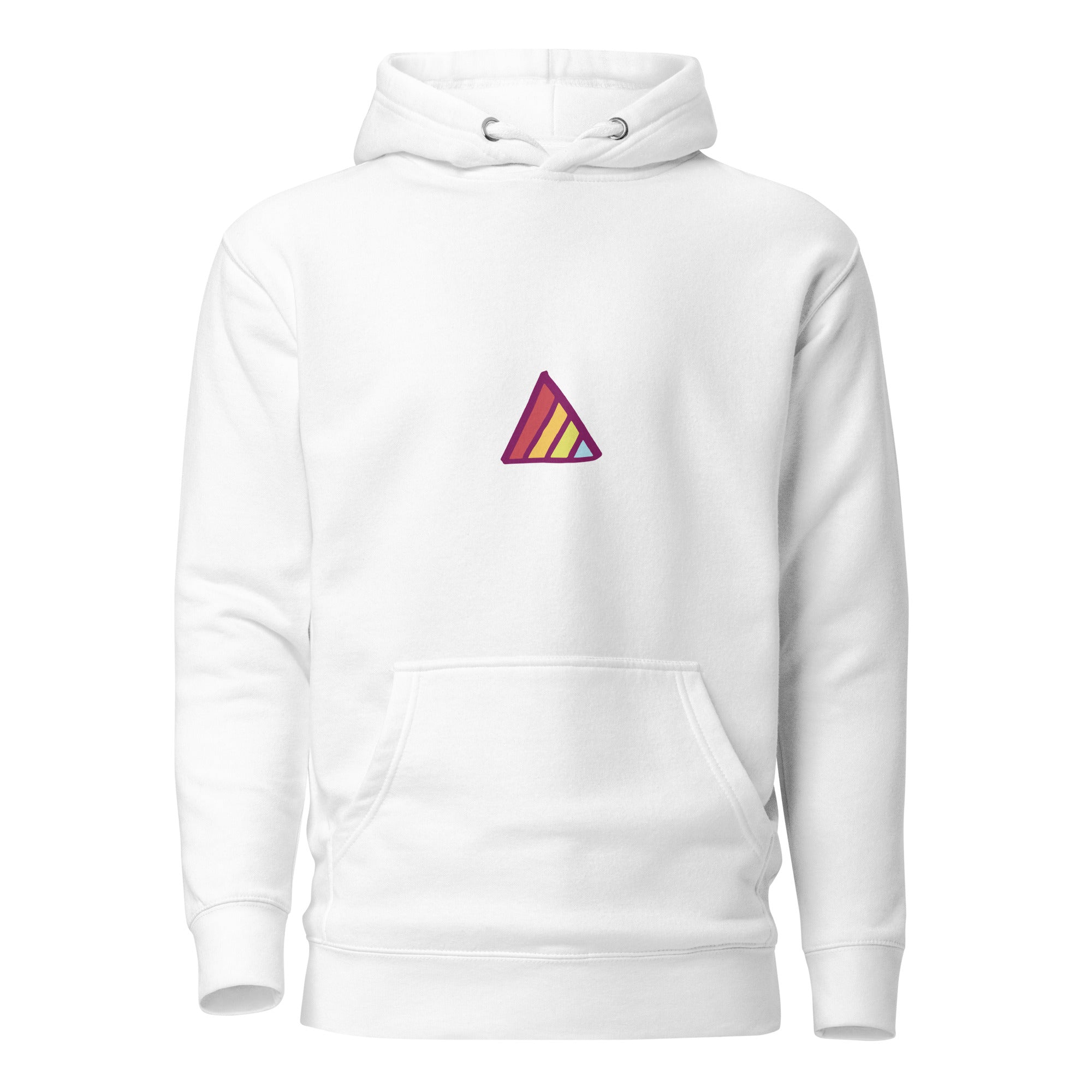 White hoodie with a colorful triangle logo on a white background