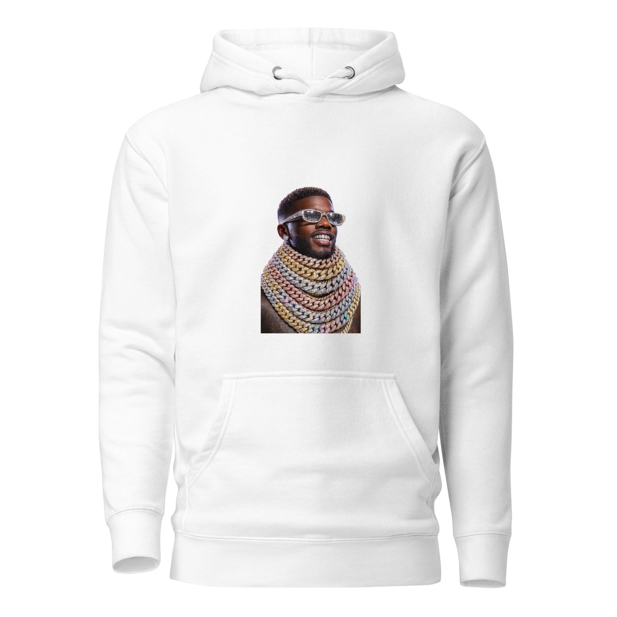 White hoodie with a graphic of a person wearing sunglasses and a colorful chain on a white background