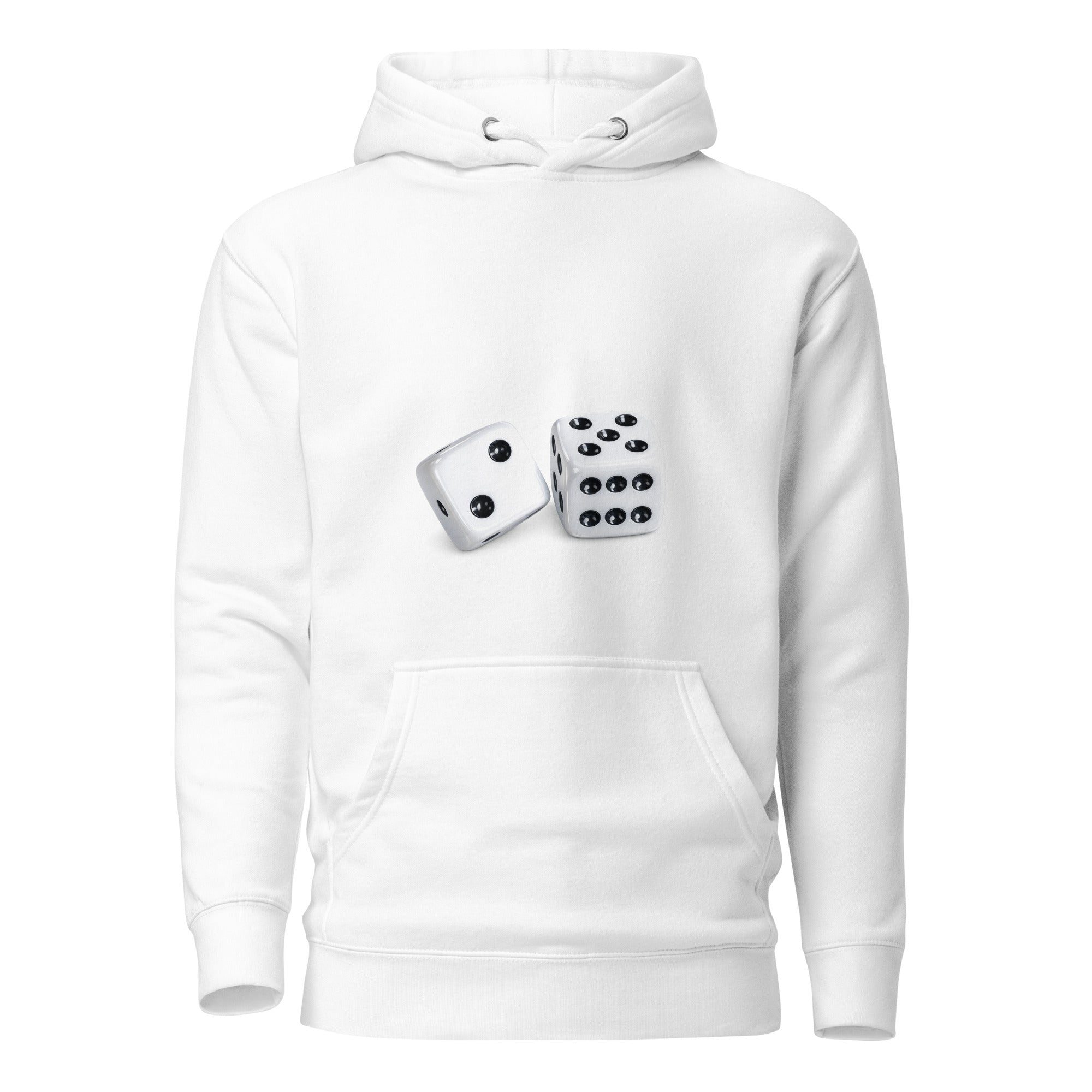 White hoodie with dice design on a white background